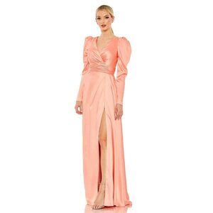 NWT Mac Duggal Faux Wrap Long Sleeve A Line Gown Peach 8